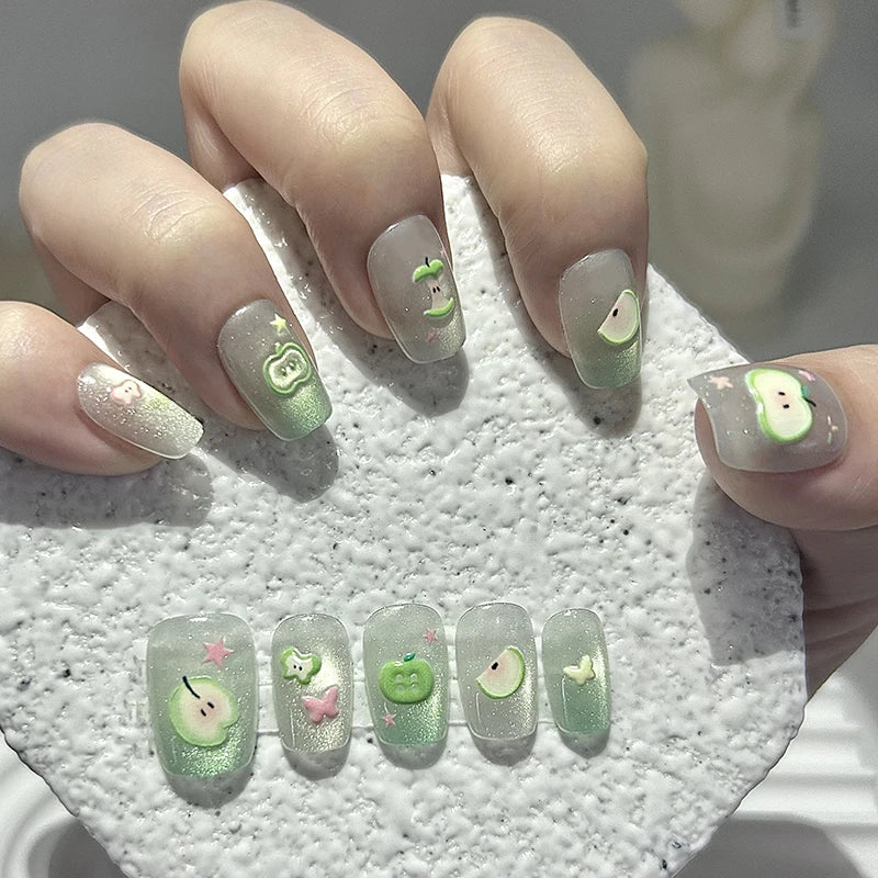 STORESDE 10 Pieces Summer Sweet Handmade Press On Nails Butterfly Green Apple Fine Glitter Cat Eye Fake Nails Removable Reusable