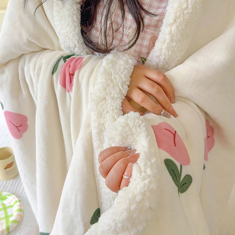 STORESDE Winter Cartoon Printed Lamb Wool Blanket Thick and Warm Coral Fleece Blanket for Office Napping Fluffy Soft Plush Bedspread