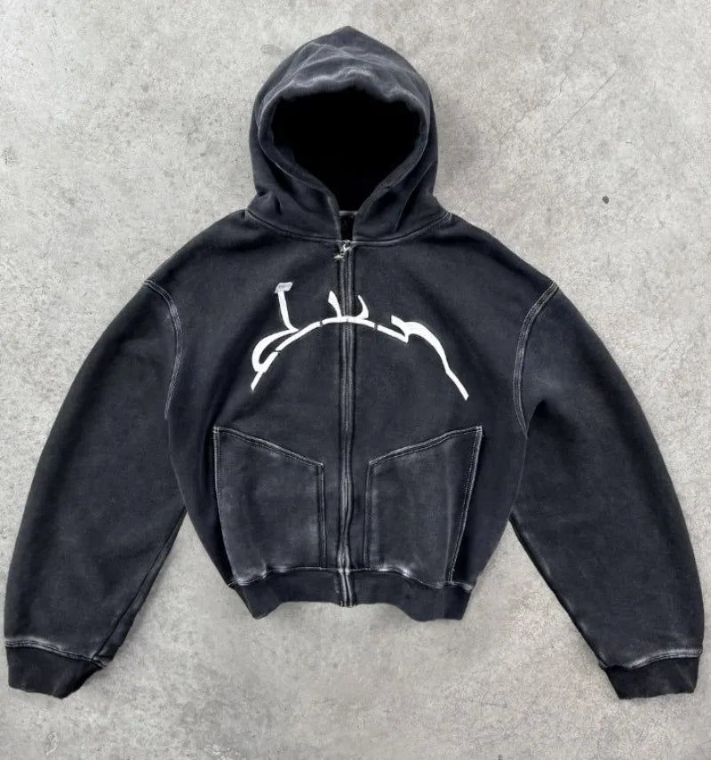 STORESDE Y2K American High Street Washing Zipper Hooded Sweater New Retro Harajuku Fashion Loose Hooded Top Clothing for Men and Women