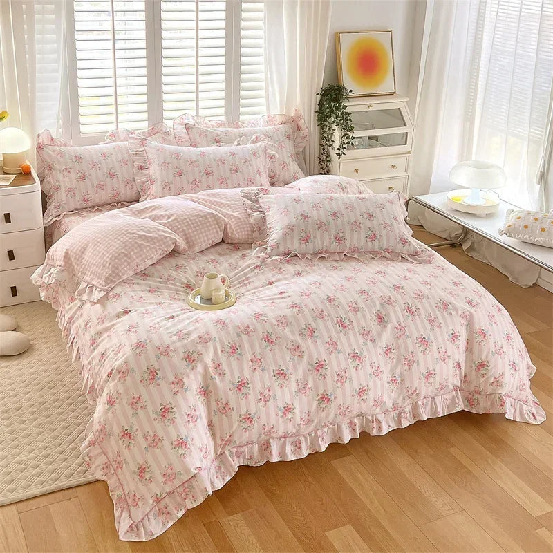 STORESDE New Ruffles 100% Cotton Duvet Cover Set or Single Duvet Covers Floral Princess Style All Cotton Quilt Cover Queen Blanket Cover