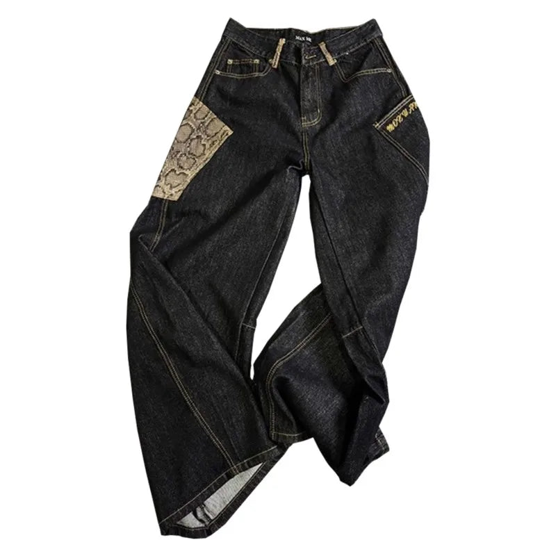 STORESDE Y2K Vintage Snake Patterned Patchwork Washed Baggy Jeans American Women Harajuku Hip Hop Popular Goth High Waist Wide Leg Pants