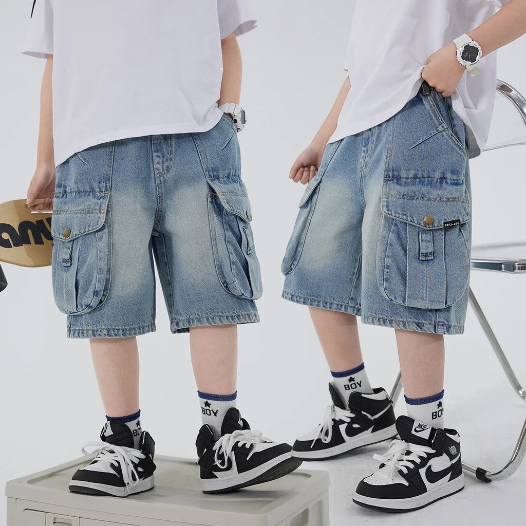 STORESDE Boys' Workwear Denim Shorts Summer 2026 New Teenage Children's Pocket Design Outdoor Wear Loose Jeans Big Kids Mid-Pants