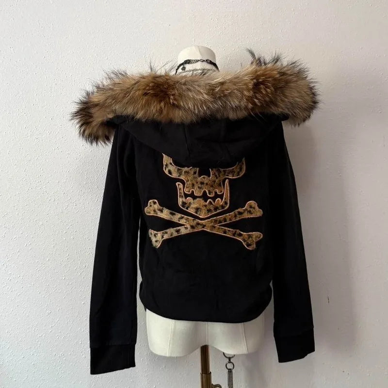 STORESDE American New Skull Embroidery Super Leopard Hooded Sweater Women Y2K Gothic Hip Hop Popular Casual Joker Sweatshirt