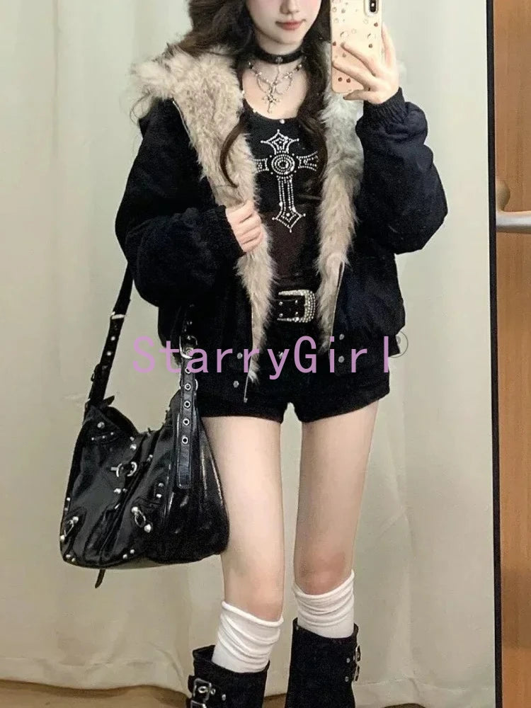 STORESDE Winter New Elegant Liner Fur Loose Coat Women Y2k Fur Collar Hood Thick Fashion Parkas Casual Outerwear Cotton Padded Jackets