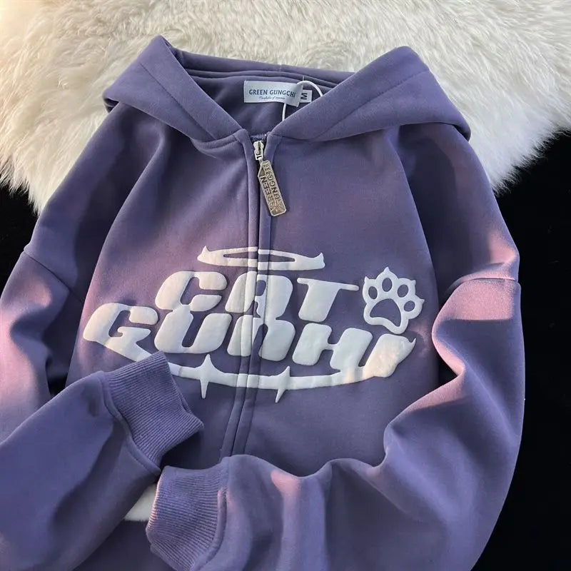 STORESDE Y2K American Letter Printed Zip-up Hoodies Women Street Fashion Harajuku Style Sweatshirt Couple Casual Loose Plus Velvet Hoodie