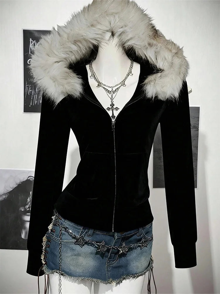 STORESDE Y2K Harajuku Gothic Women's Hoodie Sexy Slim Chic Suede Fur Collar Letter Print Cardigan Sweatshirt  Female Streetwear