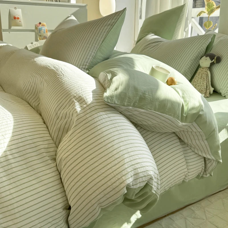 STORESDE Ins Stripes 100% Washed Cotton Bedding Set with Pillowcase Bed Sheet Quilt Cover Single Double King Queen Size Duvet Cover Set