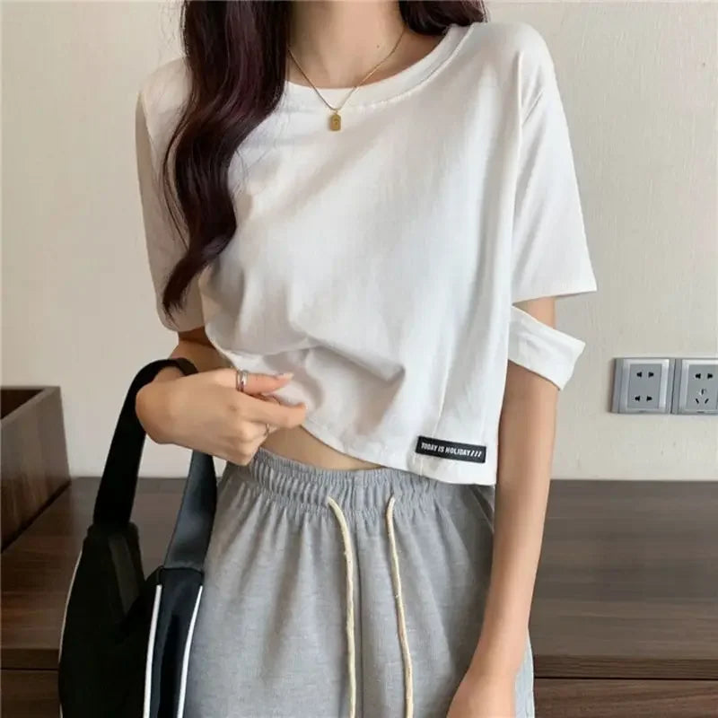 STORESDE New Style Sensible Design Short Sleeve Women's T-Shirt Summer Korean Trendy Niche Cropped High-Waisted Exposed Midsection Loose-