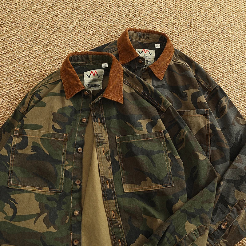 STORESDE 2025 Spring New American Retro Woven Twill Camouflage Cargo Shirt Men's 100% Cotton Washed Old Double Pocket Blouser Thin Jacket