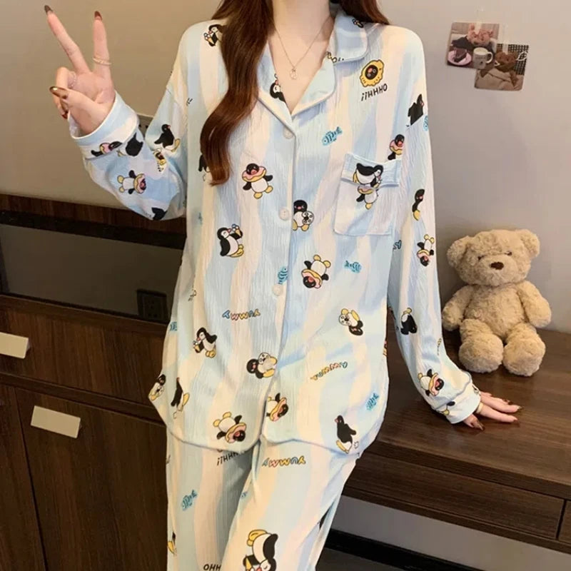 STORESDE Cartoon Cute Penguins Print Women's Pajamas Fashion Blue White Striped Milk Silk Homewear 2025 Spring Fall New Casual Sleepwear