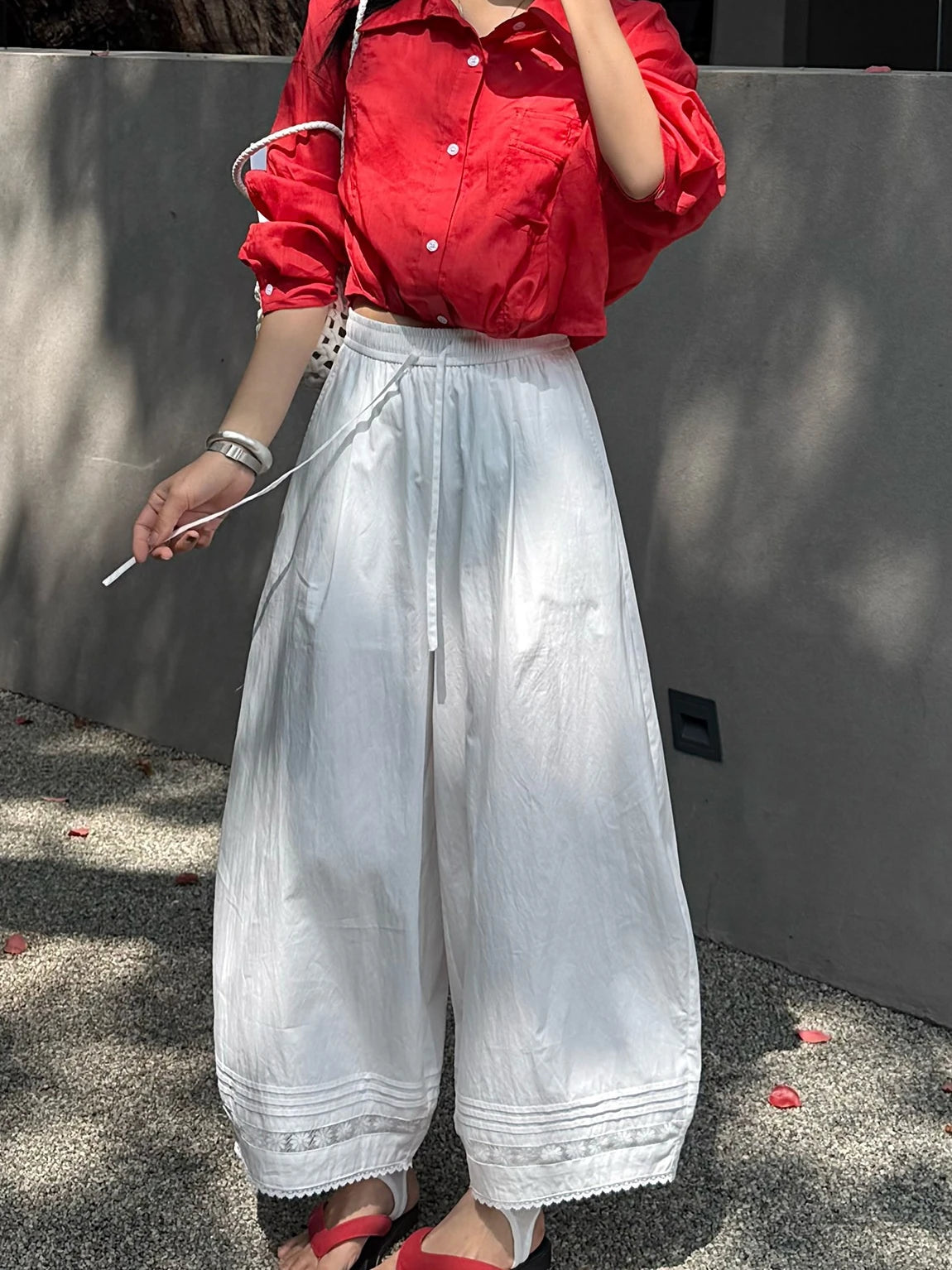 STORESDE Summer Women's Bloomers Korean Lace Thin Drawstring Splicing Wide-leg Pants Casual Loose Solid Ankle Length Baggy Pants Women