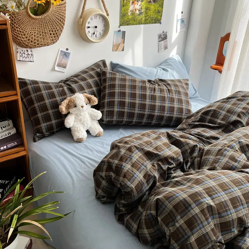STORESDE Bedding Set Ins Ambiance Blue Coffee Grid Mixed With Washed Cotton Minimalist Four Piece Set Fitted Sheets Duvet Cover