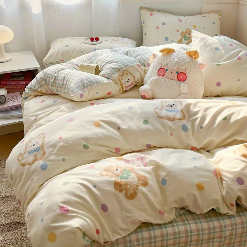 STORESDE Kids Adult Duvet Cover Set with Bed Flat Sheet Pillowcases Cute Cartoon Single Queen Size Home Hotel Dormity Bedding Set
