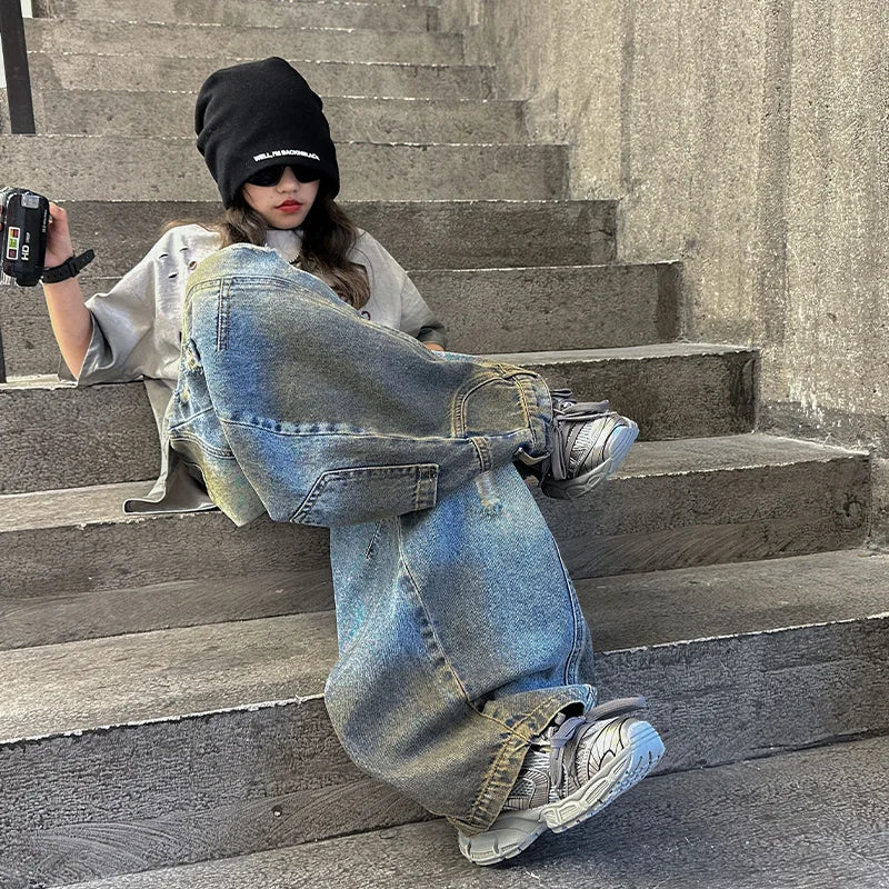 STORESDE American Tween Girl High Fashion Distressed Wide Leg Banana Jeans for Child Luxury Denim Pants Kids Dirty Washed Jeans Trousers
