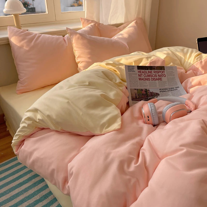STORESDE Cotton Bedding Set 4pcs with Solid Bed Sheet Duvet Cover Pillowcases Single Couple Bedsheet King Queen Double Twin Size