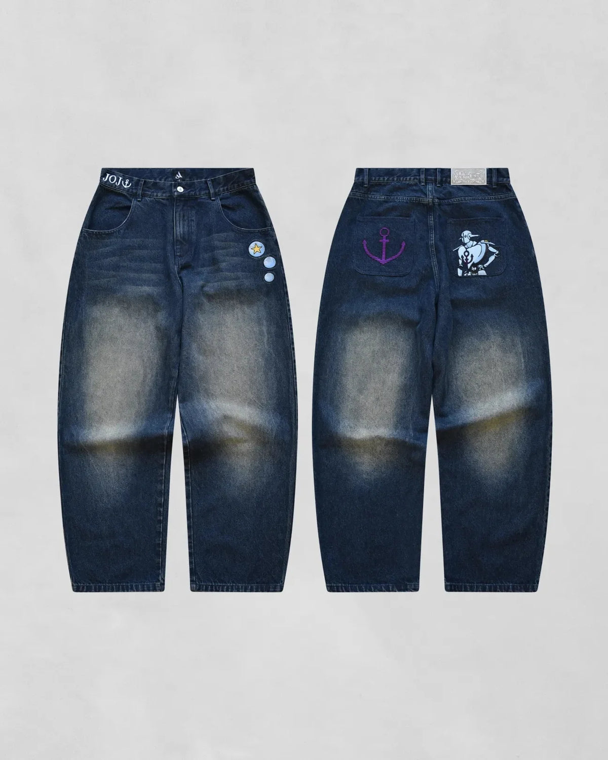 STORESDE Japanese Anime JOJU FMA High Waist Baggy Men Jeans Alphonse Elric Embroidery Anchor Patch Distressed Wash Wide Leg Denim Pants