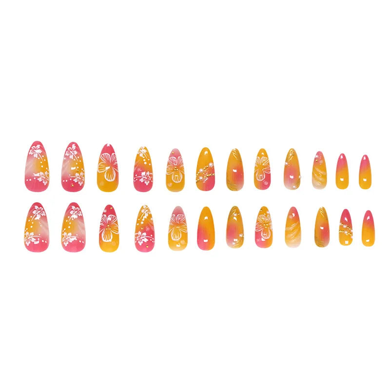 STORESDE 24pcs White Flower Fake Nail Tips Ins Yellow Pink Blush False Nails Wearable Full Cover European Almond Shaped Press on Nails