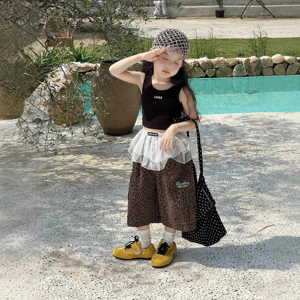 STORESDE Girl Pants 2025 Summer New Childrens Clothing Korean Style Girl Baby Retro Leopard Print Wide Leg Cargo Pants Casual Daily