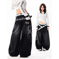 STORESDE YIBASHU Women Vintage Embroidery Y2K Baggy Jeans Female High Waist 2000s Wide Leg Denim Pants American Retro Harajuku Trouser