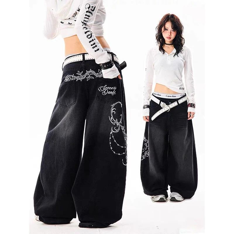 STORESDE YIBASHU Women Vintage Embroidery Y2K Baggy Jeans Female High Waist 2000s Wide Leg Denim Pants American Retro Harajuku Trouser