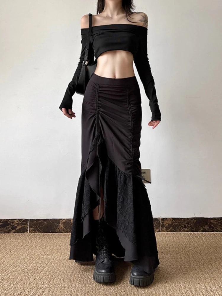 STORESDE Y2k Spicy Girl Skirts Solid Color Lace Patchwork Draw String Irregular Long Skirt Harajuku Design Streetwear Women's Clothing