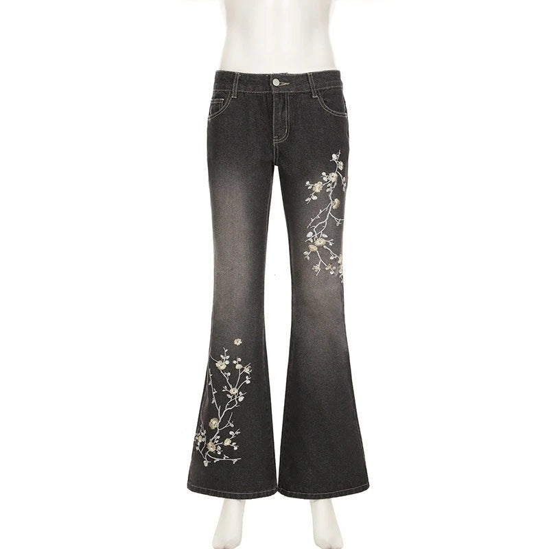 STORESDE Floral Embroidery Jeans Vintage 2000s Low Rise Flared Jeans Women Retro Y2k Baggy Denim Pants High Street Basic Trousers