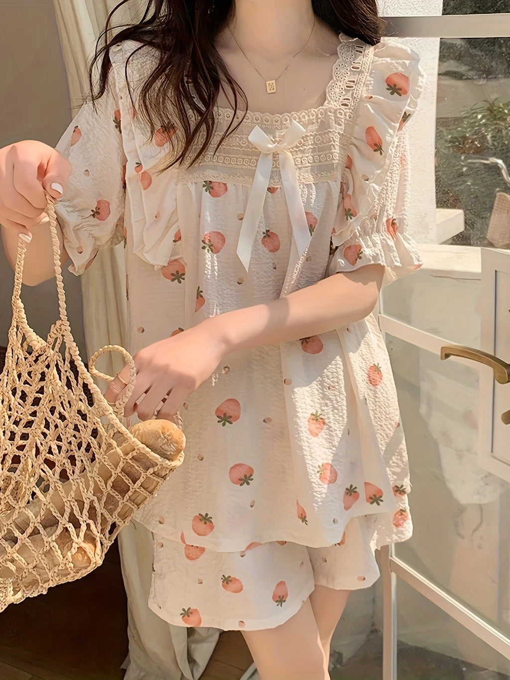 STORESDE Charming Strawberry Print Loungewear Set Soft Fabric with Bow Detail Puff Sleeve Square Neck Top Elastic Shorts for Women Summer