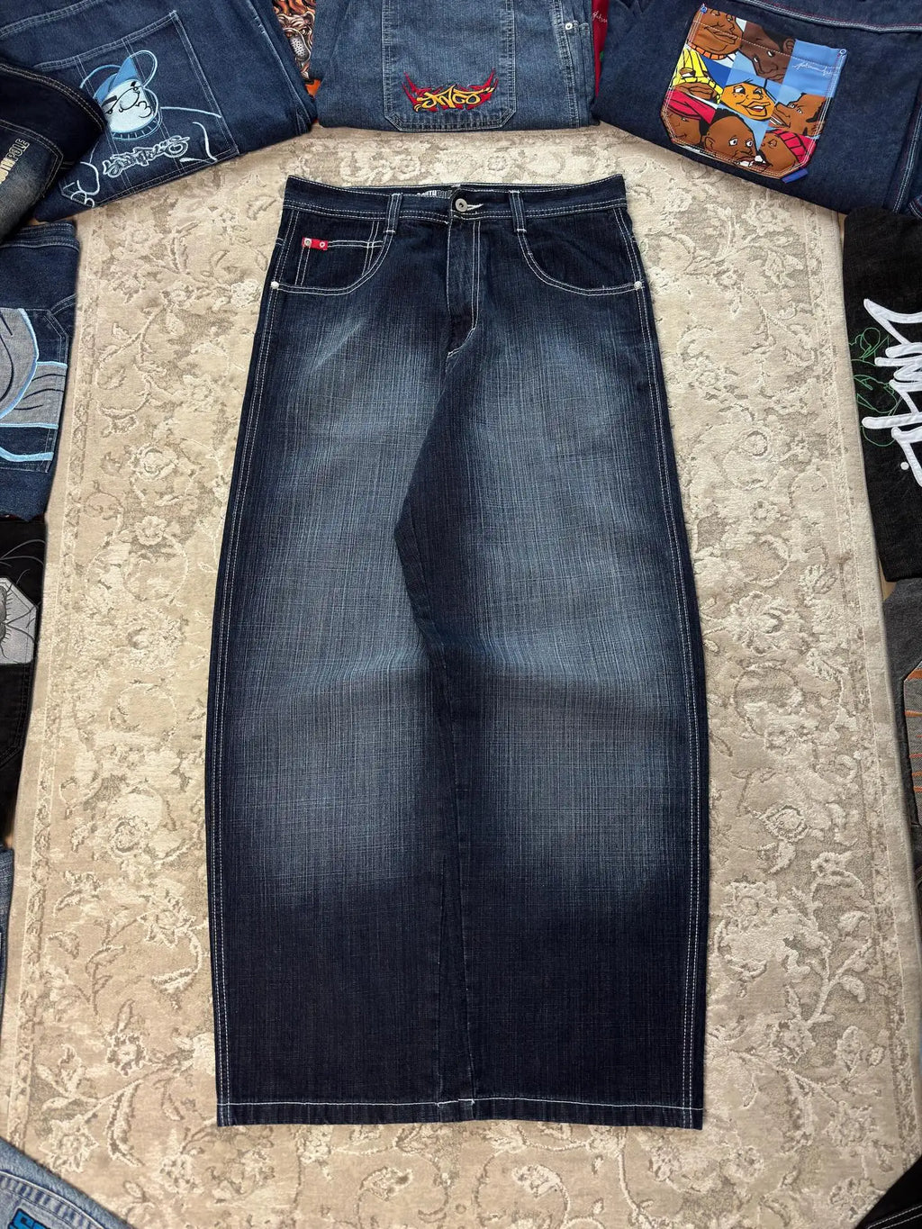 STORESDE New Retro Blue Gothic Fashion Washed Old Casual Jeans Men Y2K Streetwear Vintage Popular High Waist Baggy Wide-leg Pants
