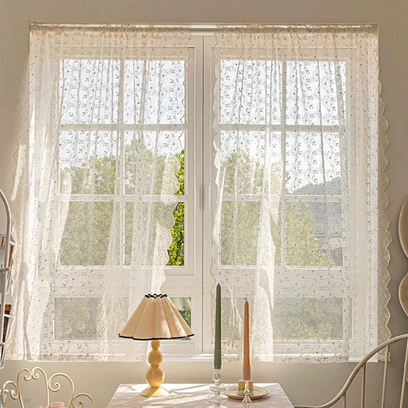 STORESDE French Country Style Embroidered Flower Small Window Curtains, Elegant Charming Vintage Lace Curtains for Living Room, Kitchen