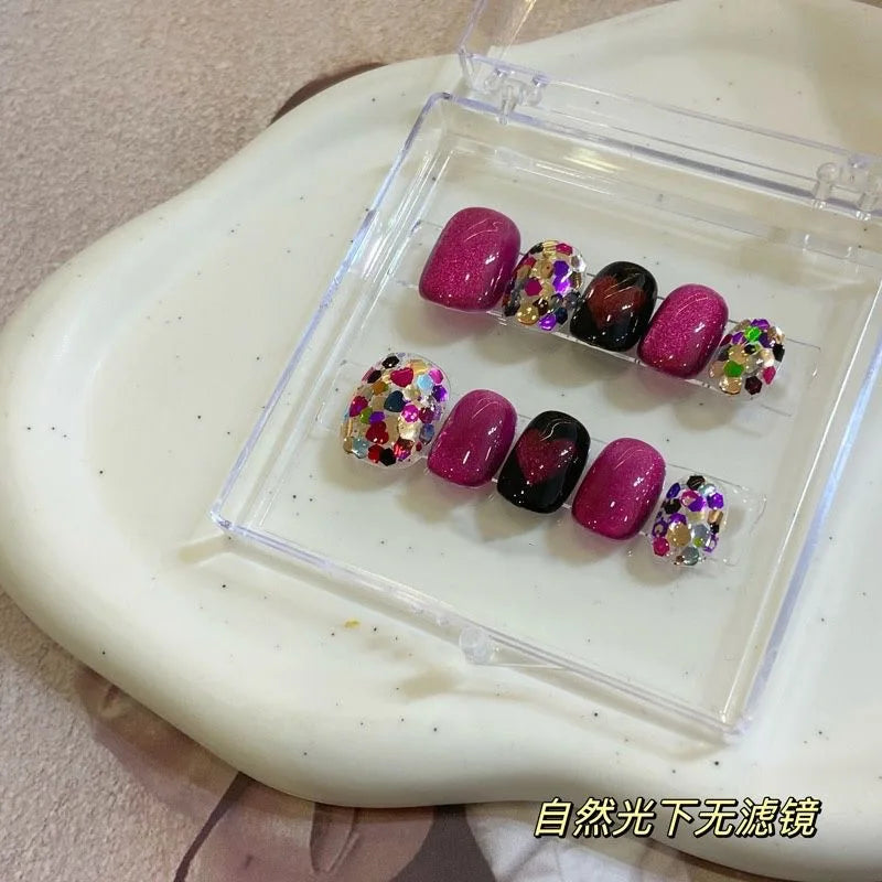 STORESDE 10pcs Handmade press on Nails Dragon Fruit Crystal Cat's Eye Glittering Heart Fake Nail for Women&Girl Removable wearable Nail