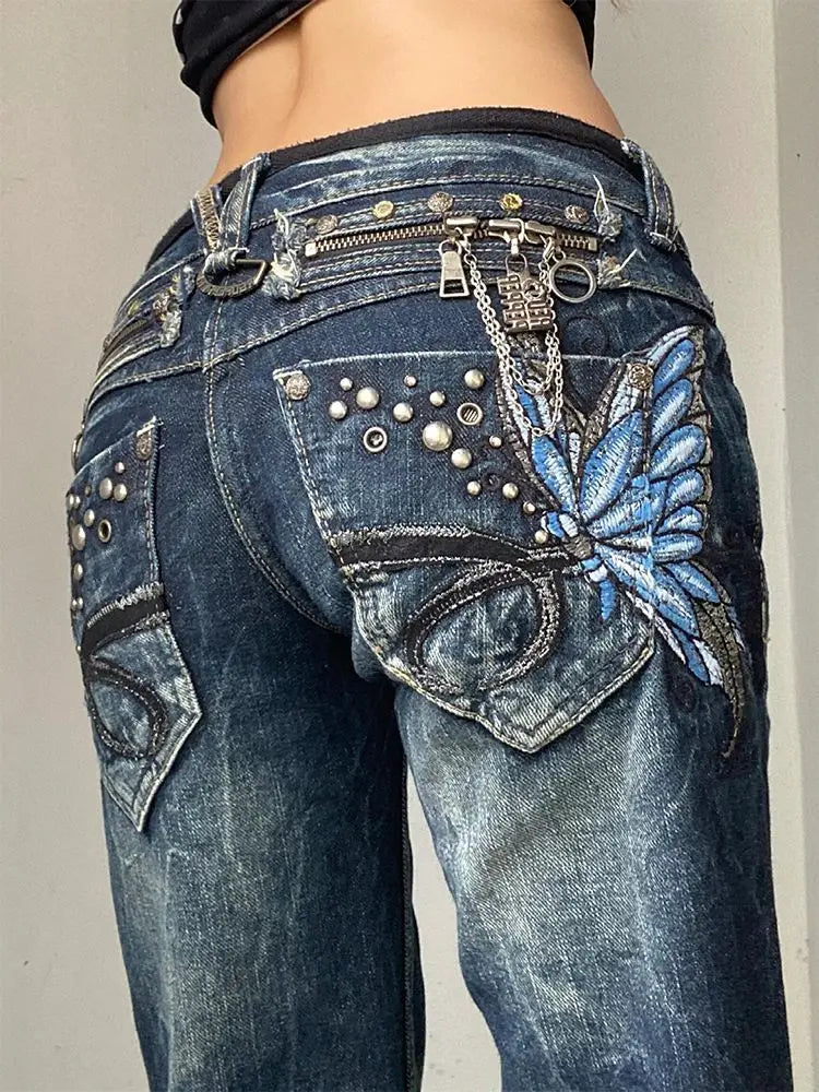 STORESDE American Fashion High Street Large Size Butterfly Embroidered Women Jeans Y2K Millennium Harajuku Slim Flared Jeans