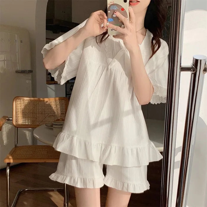 STORESDE Palace Style Pajamas Ladies Summer Loungewear Set Short-Sleeved with Cushion Korean Small Sweet Girlfriends Loungewear Set