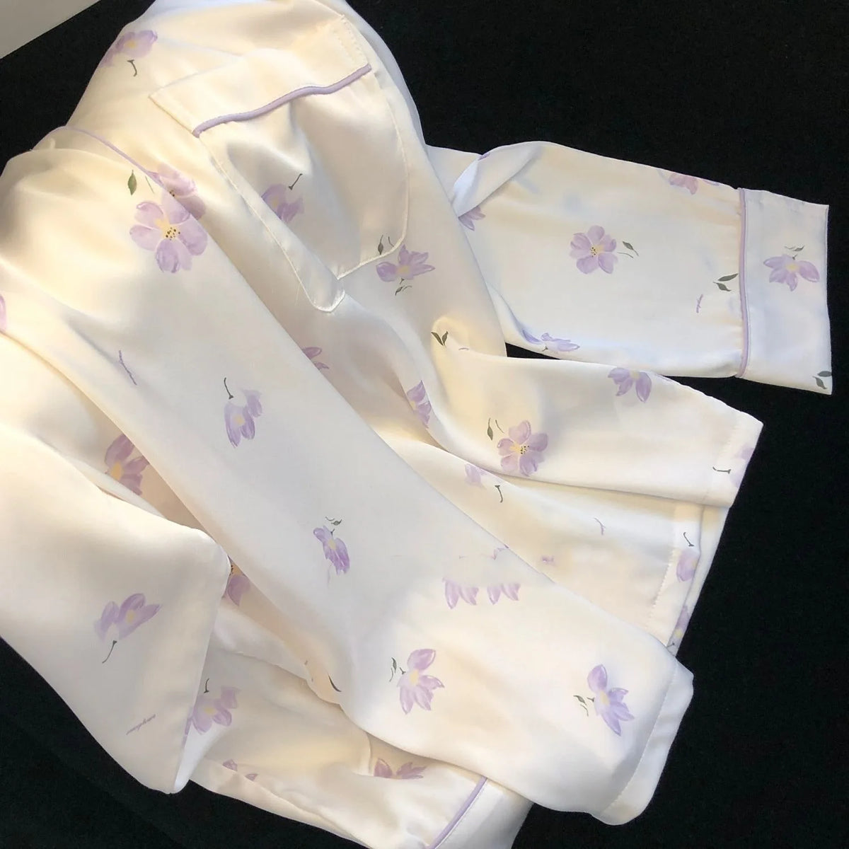 STORESDE 2026 New Ice Silk 2 Pieces Pajamas for Women Autumn Spring Women's Pajamas Set Elegant Ptinting Flower Home Wear Soft Sleepwear