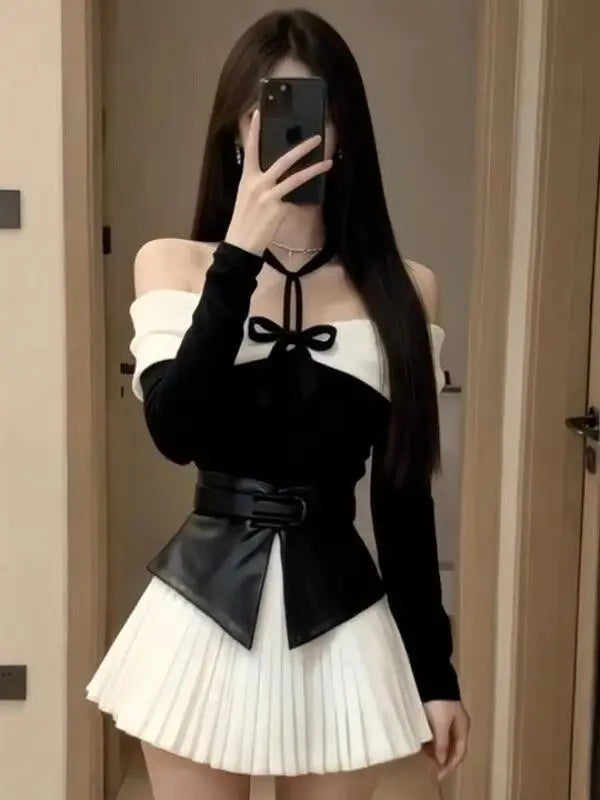STORESDE Autumn Winter French Style One-Shoulder Butterfly Knot Waist Seal Splice Slit Slimming Half Skirt Set Sweet Lolita Top Bottom En