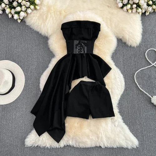 STORESDE 2pcs Sets Women Outfits Fashion Strapless Irregular Skinny A-line Dresses+elastic High Waist Solid Wide-leg Shorts Femme Suits