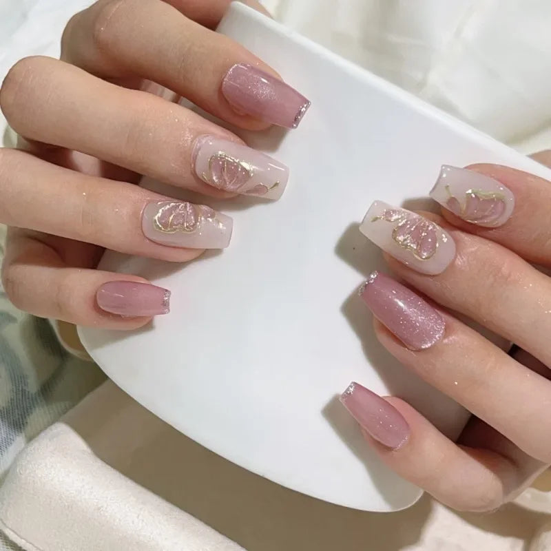 STORESDE 10pcs Flash Cat Eye Short French Ballet Nails Blue Butterfly Polka Dot Fake Nails Wearable Press on Full Cover Nail Tip Manicure