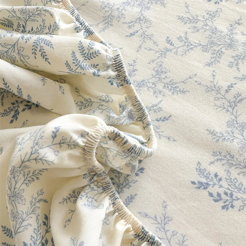 STORESDE 1pc Floral Fitted Bed Sheet Flower Printed Washed Cotton Bed Sheet with Elastic Single/Queen/King Size Bed Fitted Sheets