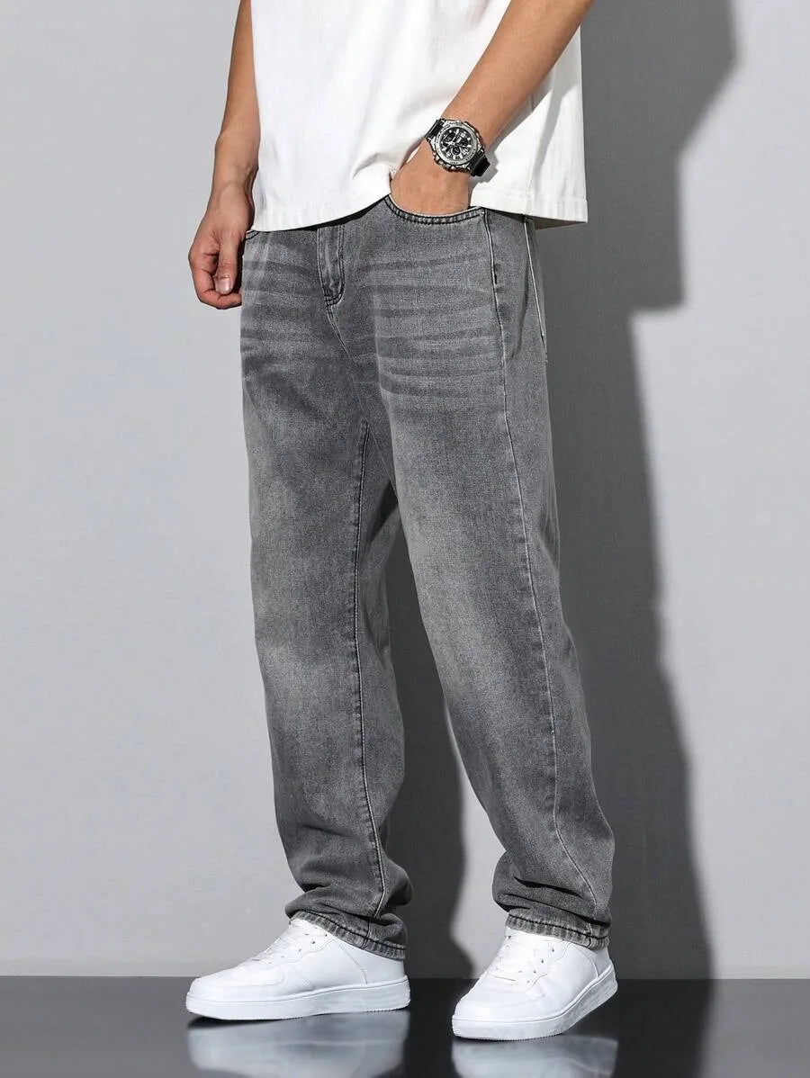 STORESDE Men's straight skinny grey jeans, straight and simple design, suitable for daily wear in all seasons