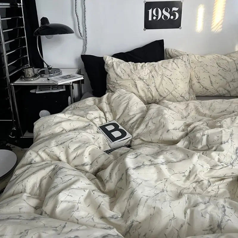 STORESDE Bedding Set Ins Ambiance Blue Coffee Grid Mixed With Washed Cotton Minimalist Four Piece Set Fitted Sheets Duvet Cover