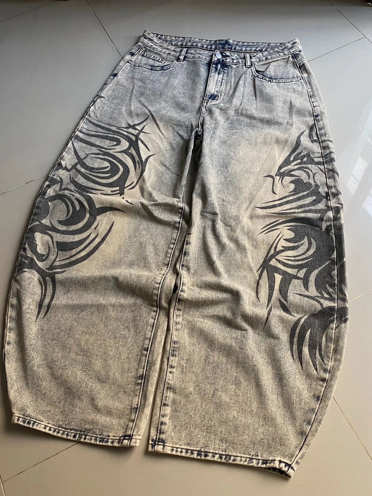 STORESDE American Y2K New Grey Printing Baggy Jeans Men Women High Street Vintage Hip Hop Harajuku Casual Joker Couple Wide-leg Pants