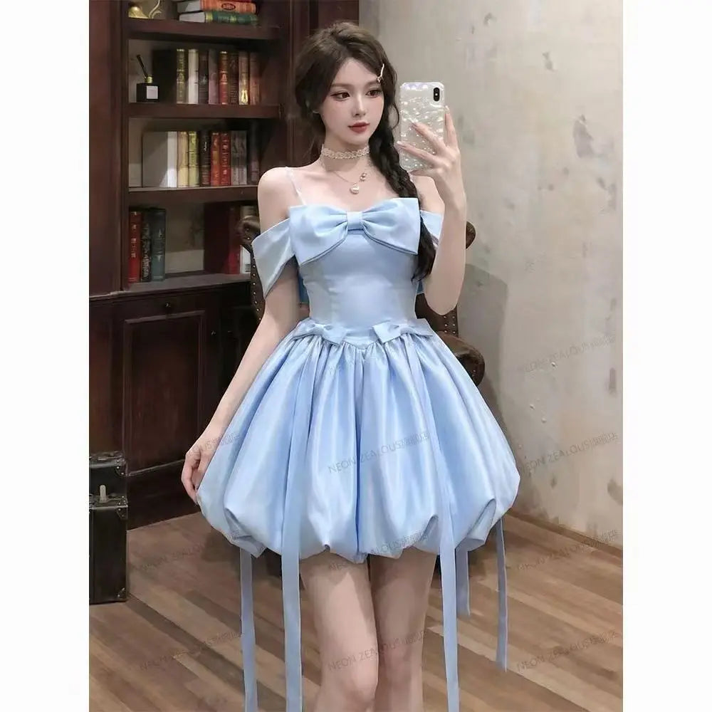 STORESDE 2026 Japanese Summer Blue Pure Desire One Shoulder Birthday Dress Thousand Gold Style Bow Knot Slim Short Sleeve Women's Dress