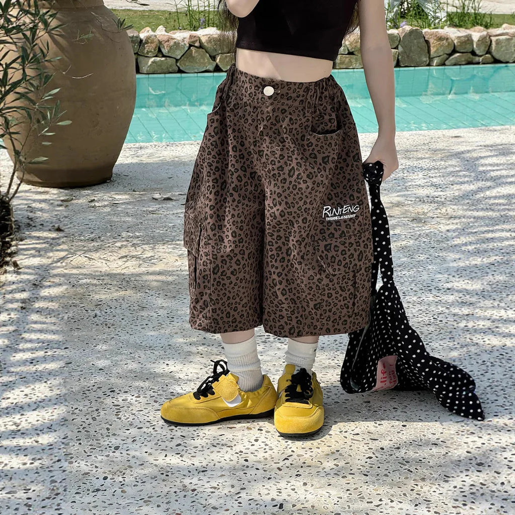 STORESDE Girl Pants 2025 Summer New Childrens Clothing Korean Style Girl Baby Retro Leopard Print Wide Leg Cargo Pants Casual Daily