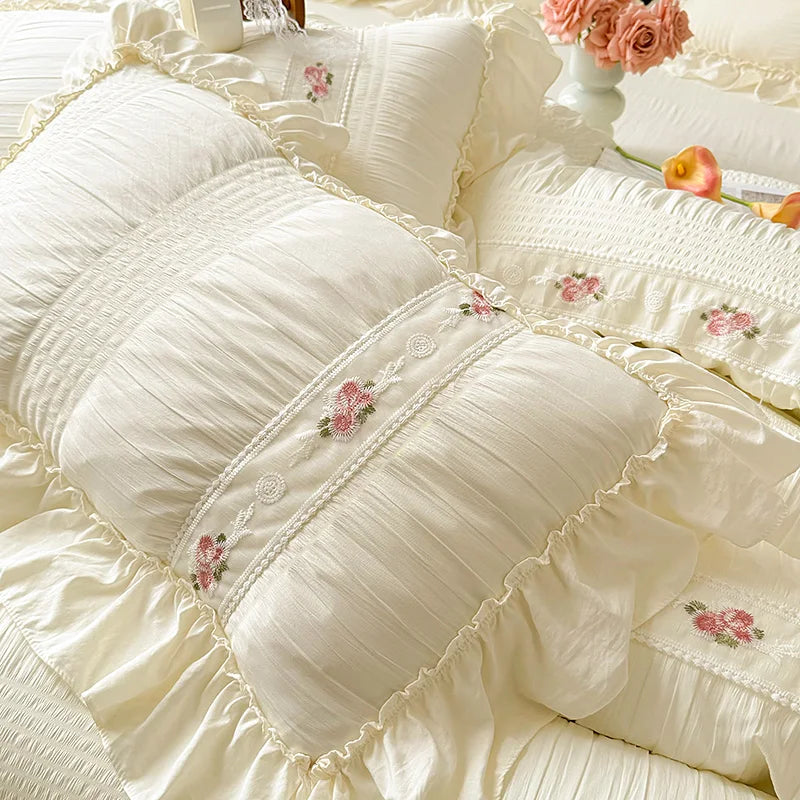 STORESDE 2Pcs Korean Princess Style Pillowcase Large Lace Ruffle Girls Home Bedroom Decorative Soft Washed Cotton Pillow Cover 48x74cm