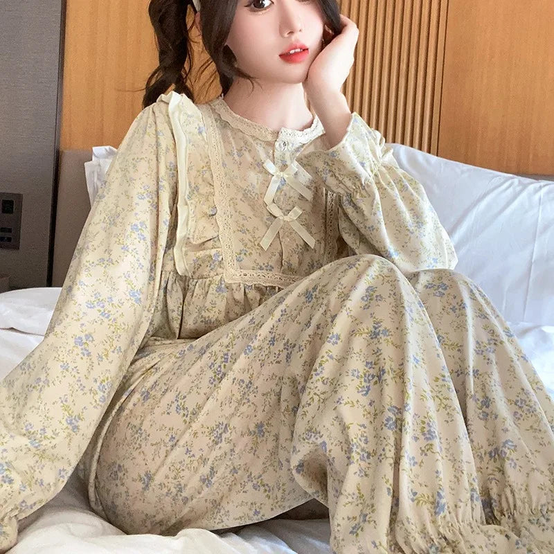STORESDE Ladies Pajamas Garden Style Student Casual Long Sleeve Pants Two-Piece Bow Set Nightwear Women Four Season Academic Atmosphere