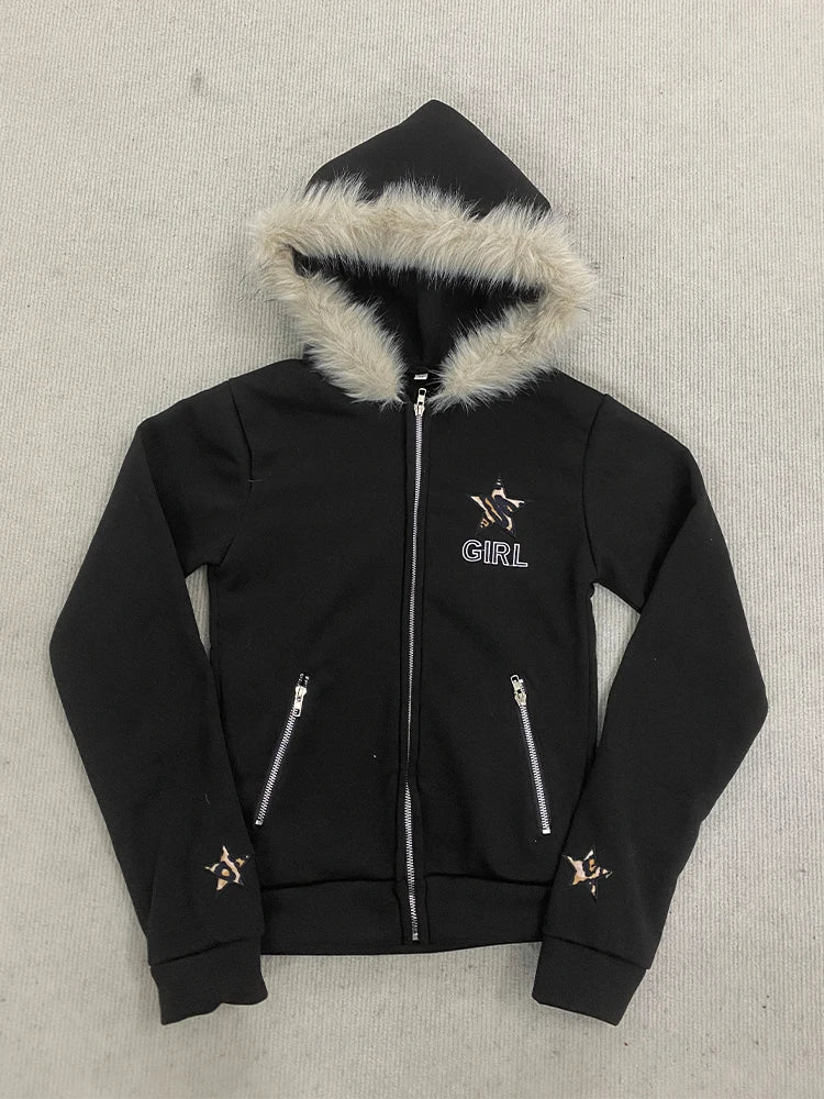 STORESDE Vintage American Retro White Letter Hoodie Women Winter Faux Fur Lined Zip Up Sweatshirt Cozy Pullover Streetwear 2026 new