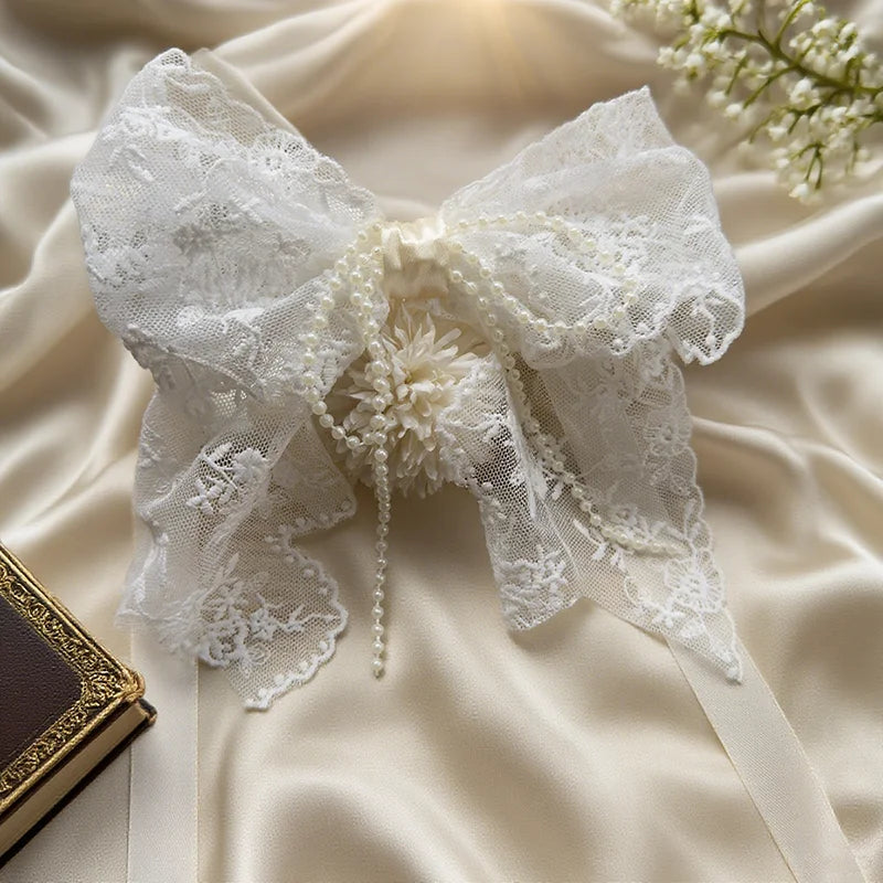 STORESDE 1Pair/2Pairs French Romantic White Flower Lace Curtain Tieback with Bead Korean Bow Strap Trims for Curtain Accessories Decor