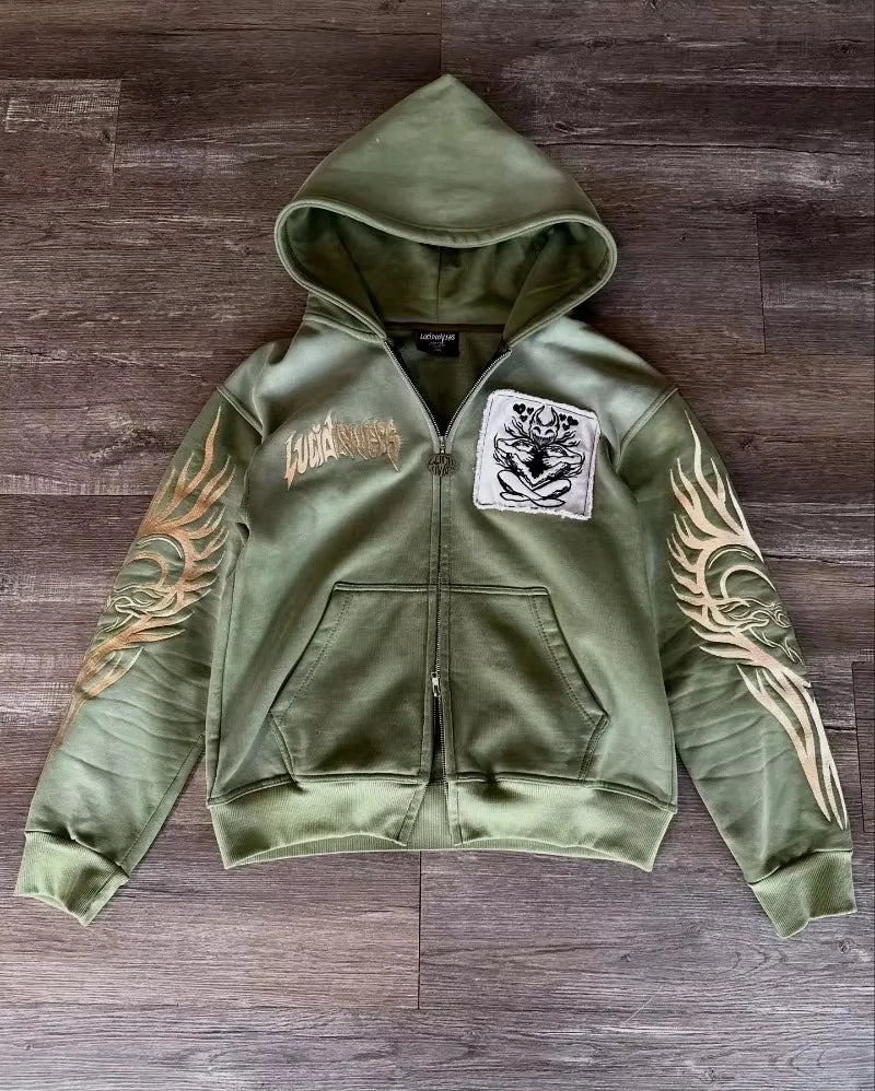 STORESDE American New Skull Embroidery Super Leopard Hooded Sweater Women Y2K Gothic Hip Hop Popular Casual Joker Sweatshirt