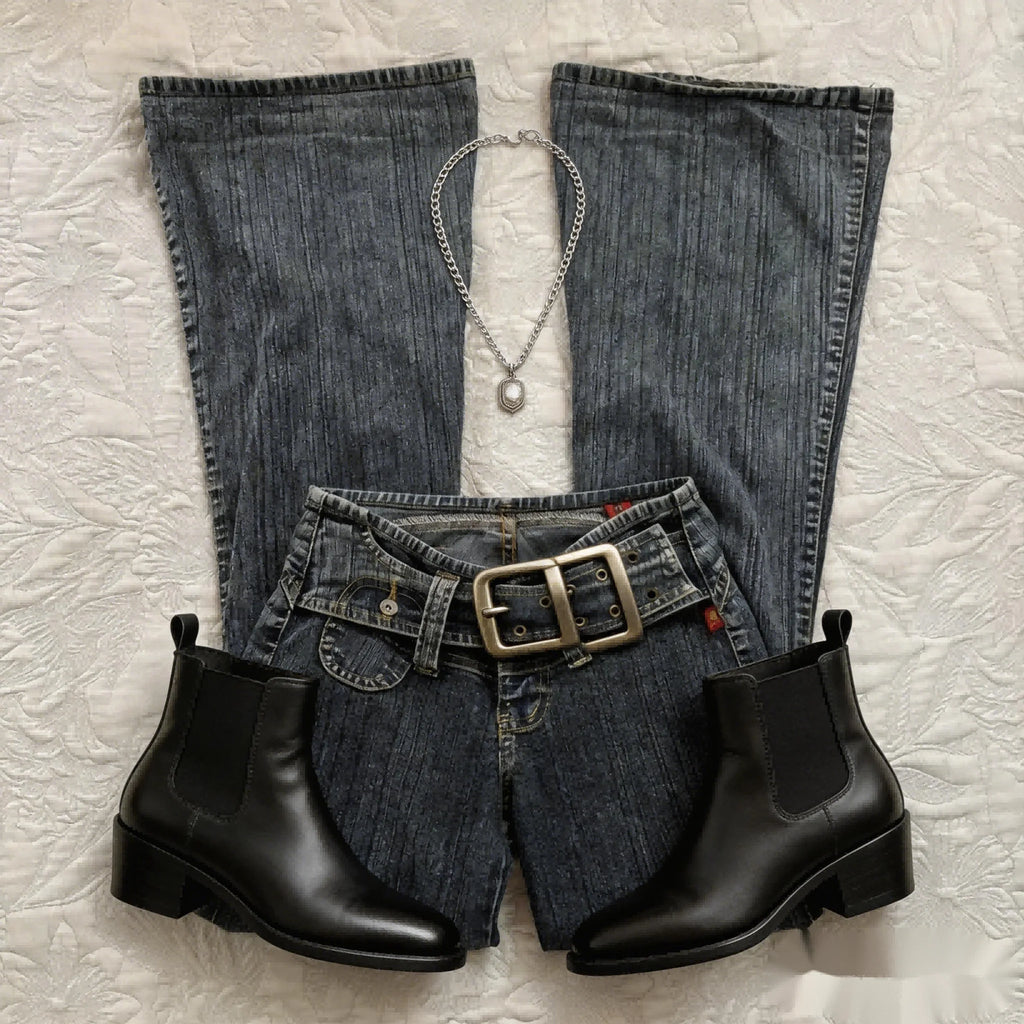 STORESDE Y2K Low Waisted Flare Jeans Hot Girl Slim Fitting Hip Hugging Jeans Original Style Fashionable Long Pants Retro Old School Denim