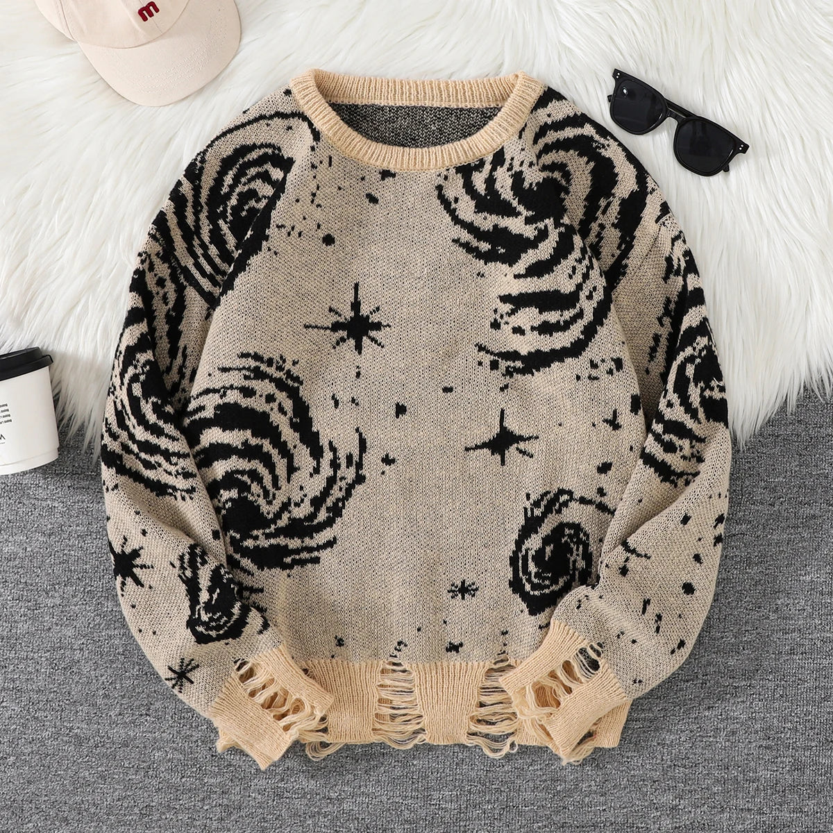 STORESDE New Trendy Street Style Ripped Abstract Starry Sky Pattern Pullover Ripped Sweater Casual Crew Neck Knitted Men's Pullover