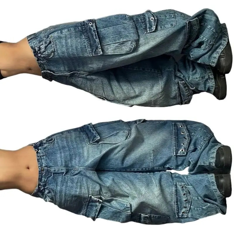 STORESDE Street Fashion New Old Washed Heavy Work Jeans Women Y2K Gothic Harajuku Hip Hop Popular Joker Couple High Waist Wide Leg Pants